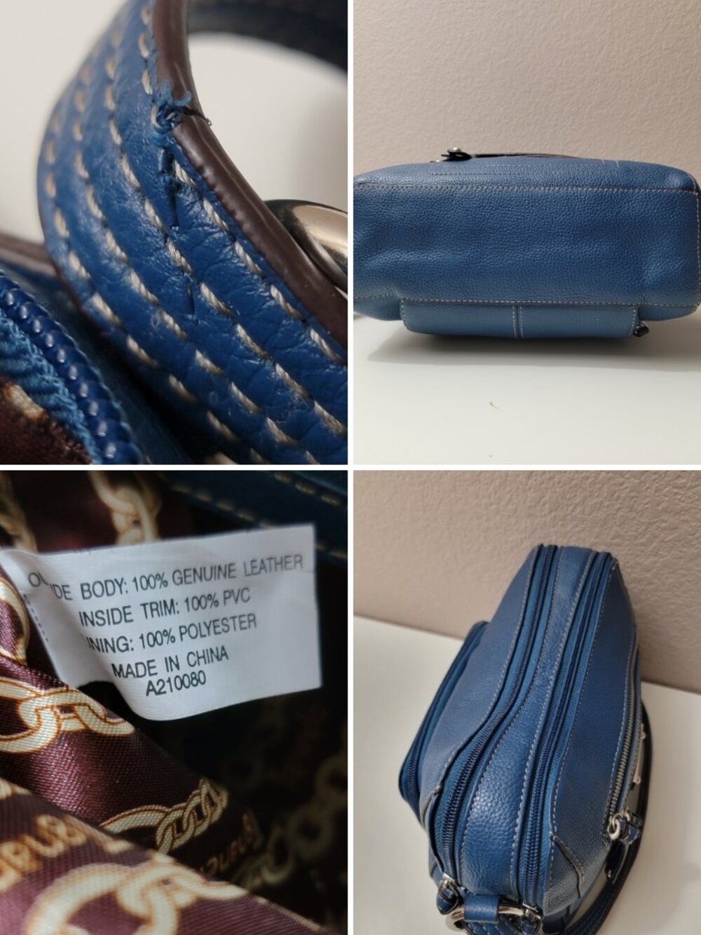 Tignanello Blue Pebbled Genuine Leather Crossbody Bag Multi-Zip Silver Hardware - Picture 8 of 8